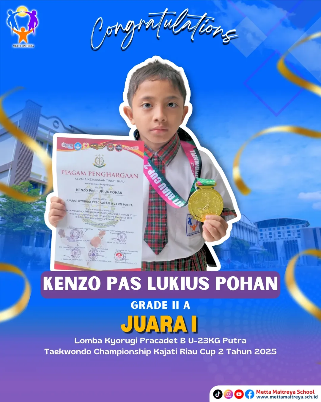 Prestasi Peserta Didik dalam Lomba Kyorugi Pracadet B U-23 KG Putra dalam kegiatan Taekwondo Championship Kajati Riau Cup 2 Tahun 2025